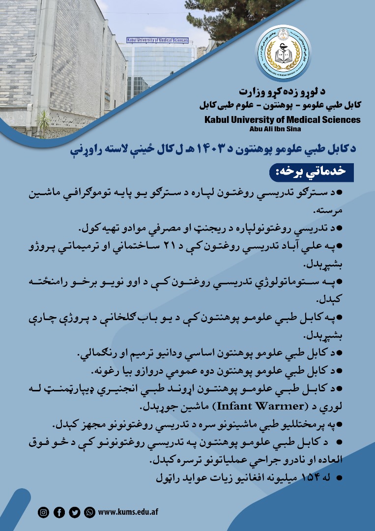 په خدماتي برخه کې د کابل طبي علومو پوهنتون د ۱۴۰۳ هـ ش کال ځینې مهمې لاسته راوړنې: