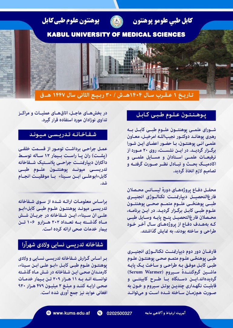 خلاصه فعالیت های پوهنتون علوم طبی کابل و شفاخانه های تدریسی آن در یک هفته گذشته!
